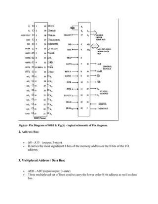 Fig (a) - Pin Diagram of 8085 & Fig(b) - logical schematic of Pin diagram. 
2. Address Bus: 
 A8 - A15 (output; 3-state) 
 It carries the most significant 8 bits of the memory address or the 8 bits of the I/O 
address; 
3. Multiplexed Address / Data Bus: 
 AD0 - AD7 (input/output; 3-state) 
 These multiplexed set of lines used to carry the lower order 8 bit address as well as data 
bus. 
 