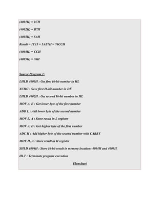 (4001H) = 1CH 
(4002H) = B7H 
(4003H) = 5AH 
Result = 1C15 + 5AB7H = 76CCH 
(4004H) = CCH 
(4005H) = 76H 
Source Program 1: 
LHLD 4000H : Get first I6-bit number in HL 
XCHG : Save first I6-bit number in DE 
LHLD 4002H : Get second I6-bit number in HL 
MOV A, E : Get lower byte of the first number 
ADD L : Add lower byte of the second number 
MOV L, A : Store result in L register 
MOV A, D : Get higher byte of the first number 
ADC H : Add higher byte of the second number with CARRY 
MOV H, A : Store result in H register 
SHLD 4004H : Store I6-bit result in memory locations 4004H and 4005H. 
HLT : Terminate program execution 
Flowchart 
 