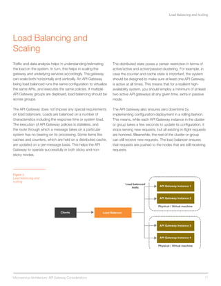 Microservice Architecture: API Gateway Considerations 11
Load Balancing and Scaling
Load Balancing and
Scaling
Traffic and data analysis helps in understanding/estimating
the load on the system. In turn, this helps in scaling the
gateway and underlying services accordingly. The gateway
can scale both horizontally and vertically. An API Gateway
being load balanced runs the same configuration to virtualize
the same APIs, and executes the same policies. If multiple
API Gateway groups are deployed, load balancing should be
across groups.
The API Gateway does not impose any special requirements
on load balancers. Loads are balanced on a number of
characteristics including the response time or system load.
The execution of API Gateway policies is stateless, and
the route through which a message takes on a particular
system has no bearing on its processing. Some items like
caches and counters, which are held on a distributed cache,
are updated on a per-message basis. This helps the API
Gateway to operate successfully in both sticky and non-
sticky modes.
The distributed state poses a certain restriction in terms of
active/active and active/passive clustering. For example, in
case the counter and cache state is important, the system
should be designed to make sure at least one API Gateway
is active at all times. This means that for a resilient high-
availability system, you should employ a minimum of at least
two active API gateways at any given time, extra in passive
mode.
The API Gateway also ensures zero downtime by
implementing configuration deployment in a rolling fashion.
This means, while each API Gateway instance in the cluster
or group takes a few seconds to update its configuration, it
stops serving new requests, but all existing in-flight requests
are honored. Meanwhile, the rest of the cluster or group
can still receive new requests. The load balancer ensures
that requests are pushed to the nodes that are still receiving
requests.
Figure 7.
Load balancing and
scaling
 