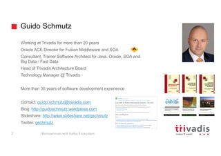 Guido Schmutz
Working at Trivadis for more than 20 years
Oracle ACE Director for Fusion Middleware and SOA
Consultant, Trainer Software Architect for Java, Oracle, SOA and
Big Data / Fast Data
Head of Trivadis Architecture Board
Technology Manager @ Trivadis
More than 30 years of software development experience
Contact: guido.schmutz@trivadis.com
Blog: http://guidoschmutz.wordpress.com
Slideshare: http://www.slideshare.net/gschmutz
Twitter: gschmutz
Microservices with Kafka Ecosystem2
 