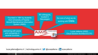 Classificatie: vertrouwelijk
Microservices in real life – with Node & Dapr.io
Founded in 1991 by students
from University of Twente –
Aircraft Maintenance Information
System (AMIS)
80 colleagues,
located in
Nieuwegein
the core of what we do:
working with Data.
partnering with peers
and companies in
several countries
Lucas Jellema (2002)
Cloud Solution Architect & CTO
lucas.jellema@amis.nl | technology.amis.nl | @lucasjellema | lucas-jellema
 