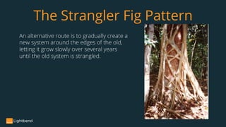 The Strangler Fig Pattern
An alternative route is to gradually create a
new system around the edges of the old,
letting it grow slowly over several years
until the old system is strangled.
 