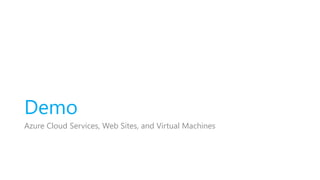 Demo
Azure Cloud Services, Web Sites, and Virtual Machines
 