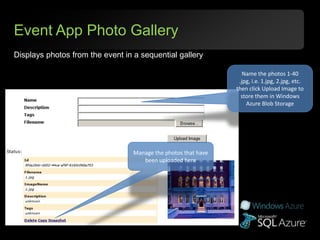 Event App Photo Gallery
Displays photos from the event in a sequential gallery

                                                                   Name the photos 1-40
                                                                 .jpg, i.e. 1.jpg, 2.jpg, etc.
                                                                then click Upload Image to
                                                                  store them in Windows
                                                                    Azure Blob Storage




                                  Manage the photos that have
                                     been uploaded here
 