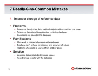 7 Deadly Sins Common Mistakes

     4. Improper storage of reference data

     • Problems
        – Reference data (codes, lists, valid values) stored in more than one place
        – Reference data stored in application, not in the database
                                     pp
        – Constraints not placed in the database

     • Ramifications
        – More work is needed when code values change
        – Database can’t enforce consistency and accuracy of values
        – Problems when data is sourced from another place

     • Solution
        – Leverage data models to store data values
        – Keep them up to date with the database




13
 