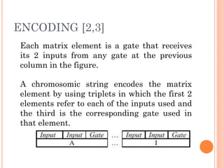 ENCODING [2,3]
Each matrix element is a gate that receives
its 2 inputs from any gate at the previous
column in the figure.
A chromosomic string encodes the matrix
element by using triplets in which the first 2
elements refer to each of the inputs used and
the third is the corresponding gate used in
that element.
 