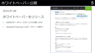 5ホワイトペーパー公開
2019.07.08
ホワイトペーパーをリリース
• AWSのデータベースサービスの使い分け
• OracleからAuroraへのデータベース移行
 
