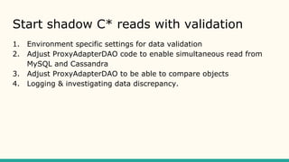 Start shadow C* reads with validation
1. Environment specific settings for data validation
2. Adjust ProxyAdapterDAO code to enable simultaneous read from
MySQL and Cassandra
3. Adjust ProxyAdapterDAO to be able to compare objects
4. Logging & investigating data discrepancy.
 