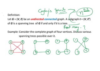 Definition:
Let G = (V, E) be an undirected connected graph. A subgraph t = (V, E’)
of G is a spanning tree of G if and only if t is a tree.
Example: Consider the complete graph of four vertices. Discuss various
spanning trees possible over it.
 