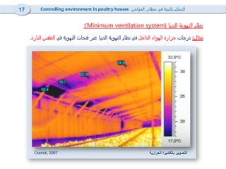 ‫مثال‬:‫درجات‬‫الداخل‬ ‫الهواء‬ ‫حرارة‬‫الدنيا‬ ‫التهوية‬ ‫نظام‬ ‫في‬‫في‬ ‫التهوية‬ ‫فتحات‬ ‫عبر‬‫البارد‬ ‫الطقس‬.
‫ال‬‫الدواجن‬ ‫حظائر‬ ‫في‬ ‫بالبيئة‬ ‫تحكم‬Controlling environment in poultry houses
‫نظام‬‫الدنيا‬ ‫التهوية‬(ventilation systemMinimum:)
Czarick, 2007 ‫الحرارية‬ ‫بالكاميرا‬ ‫التصوير‬
17
 