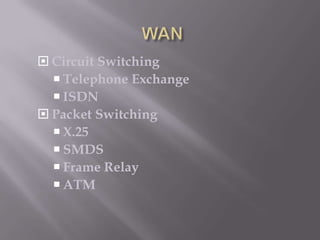  Circuit Switching
 Telephone Exchange
 ISDN
 Packet Switching
 X.25
 SMDS
 Frame Relay
 ATM

 