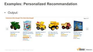 © 2016, Amazon Web Services, Inc. or its Affiliates. All rights reserved.
Examples: Personalized Recommandation
• Output:
 