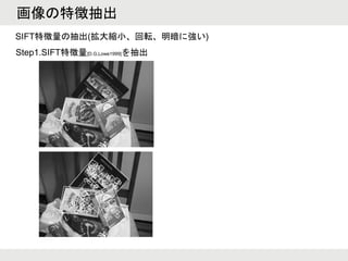 画像の特徴抽出
Step1.SIFT特徴量[D.G,Lowe1999]を抽出
SIFT特徴量の抽出(拡大縮小、回転、明暗に強い)
 