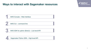 5
Ways to interact with Sagemaker resources
1 AWS Console – Web Interface
2 AWS CLI – command line
3 AWS SDK for python (Boto3) – Low level API
4 Sagemaker Python SDK – High level API
 
