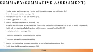 S U M M A R Y ( S U M M AT I V E A S S E S S M E N T )
• Examine steps in developing Machine Learning application with respect to your mini project. [10]
• Review the issues in Machine Learning. [10]
• State applicable use case for each ML algorithm. [10]
• Examine Applications of AI. [10]
• Illustrate steps for selecting right ML algorithm. [10]
• Define ML and differentiate between Supervised, Unsupervised and Reinforcement learning with the help of suitable examples. [10]
• Explain ML w.r.t. identifying Tasks, Experience and Performance measure (Tom Mitchell). [10]
• designing a checkers learning problem
• designing a handwriting recognition learning problem
• designing a Robot driving learning problem
• Illustrate with example how Supervised learning can be used in handling loan defaulters. [10]
• Explain Supervised Learning with neat diagram. [10]
42
EXAM
 