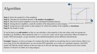 Algorithm
Step-1: Select the number K of the neighbors
Step-2: Calculate the Euclidean distance of K number of neighbors
Step-3: Take the K nearest neighbors as per the calculated Euclidean distance.
Step-4: Among these k neighbors, count the number of the data points in each category.
Step-5: Assign the new data points to that category for which the number of the neighbor is maximum.
Step-6: Our model is ready.
K can be kept as an odd number so that we can calculate a clear majority in the case where only two groups are
possible (e.g. Red/Blue). Most preferred value is 5. A very low value, can be noisy and lead to effects of outliers in
model. With increasing K, we get smoother, more defined boundaries across different classifications.
Example: Suppose, we have an image of a creature that looks similar to cat and dog, but we want to know either it is a
cat or dog. So for this identification, we can use the KNN algorithm, as it works on a similarity measure. Our KNN
model will find the similar features of the new data set to the cats and dogs images and based on the most similar
features it will put it in either cat or dog category.
17
 
