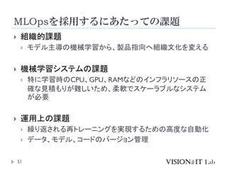 MLOpsを採用するにあたっての課題
51
 組織的課題
 モデル主導の機械学習から、製品指向へ組織文化を変える
 機械学習システムの課題
 特に学習時のCPU、GPU、RAMなどのインフラリソースの正
確な見積もりが難しいため、柔軟でスケーラブルなシステム
が必要
 運用上の課題
 繰り返される再トレーニングを実現するための高度な自動化
 データ、モデル、コードのバージョン管理
 