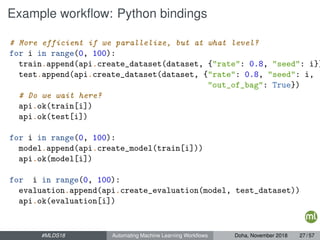 Example workﬂow: Python bindings
# More efficient if we parallelize, but at what level?
for i in range(0, 100):
train.append(api.create_dataset(dataset, {"rate": 0.8, "seed": i})
test.append(api.create_dataset(dataset, {"rate": 0.8, "seed": i,
"out_of_bag": True})
# Do we wait here?
api.ok(train[i])
api.ok(test[i])
for i in range(0, 100):
model.append(api.create_model(train[i]))
api.ok(model[i])
for i in range(0, 100):
evaluation.append(api.create_evaluation(model, test_dataset))
api.ok(evaluation[i])
#MLDS18 Automating Machine Learning Workﬂows Doha, November 2018 27 / 57
 