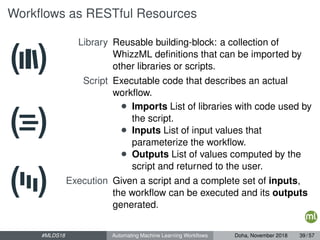 Workﬂows as RESTful Resources
Library Reusable building-block: a collection of
WhizzML deﬁnitions that can be imported by
other libraries or scripts.
Script Executable code that describes an actual
workﬂow.
• Imports List of libraries with code used by
the script.
• Inputs List of input values that
parameterize the workﬂow.
• Outputs List of values computed by the
script and returned to the user.
Execution Given a script and a complete set of inputs,
the workﬂow can be executed and its outputs
generated.
#MLDS18 Automating Machine Learning Workﬂows Doha, November 2018 39 / 57
 