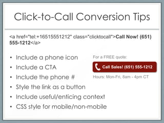Click-to-Call Conversion Tips
<a href="tel:+16515551212" class="clicktocall">Call Now! (651)
555-1212</a>


• Include a phone icon              For a FREE quote:

• Include a CTA
• Include the phone #               Hours: Mon-Fri, 8am - 4pm CT

• Style the link as a button
• Include useful/enticing context
• CSS style for mobile/non-mobile
 