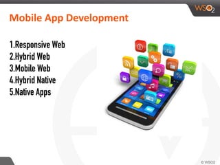 Mobile	
  App	
  Development
1.Responsive Web
2.Hybrid Web
3.Mobile Web
4.Hybrid Native
5.Native Apps
 