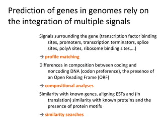 Prediction of genes in genomes rely on
the integration of multiple signals
        Signals surrounding the gene (transcription factor binding
            sites, promoters, transcription terminators, splice
            sites, polyA sites, ribosome binding sites,...)
        → profile matching
        Differences in composition between coding and
            noncoding DNA (codon preference), the presence of
            an Open Reading Frame (ORF)
        → compositional analyses
        Similarity with known genes, aligning ESTs and (in
            translation) similarity with known proteins and the
            presence of protein motifs
        → similarity searches
 