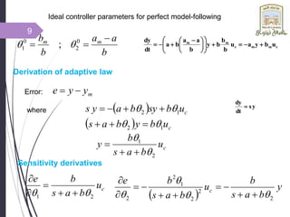 Ideal controller parameters for perfect model-following
b
a
a
b
b m
m 

 0
2
0
1 ; 

Derivation of adaptive law
Error: m
y
y
e 

where
c
u
b
a
s
b
y
2
1





 
  c
c
u
b
y
b
a
s
u
b
sy
b
a
y
s
1
2
1
2











Sensitivity derivatives
c
u
b
a
s
b
e
2
1 
 




 
y
b
a
s
b
u
b
a
s
b
e
c
2
2
2
1
2
2 


 









c
m
m
c
m
m
u
b
y
a
u
b
b
b
y
b
a
a
b
a
dt
dy

















 



y
s
dt
dy

9
 