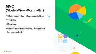 8
© 2022 Progress Software Corporation and/or its subsidiaries or affiliates. All rights reserved.
MVC
(Model-View-Controller)
• Clear separation of responsibilities
• Testable
• Flexible
• Server Rendered views, JavaScript
for interactivity
 