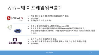 WHY – 왜 이프레임워크를?
2015 wePlanet 4
• 개발 생산성 높은 웹 프론트 프레임워크가 필요.
• by Google.
• 웹 개발자가 쓰고싶데요!
• 고객사 및 우리 팀에 익숙했던 언어 => PHP 선택.
• 모바일 어플리케이션을 지원하기 위해 REST API 개발이 필요하지만,
보안관련 솔류션으로 생각보다 개발 범위가 좁았기에 Micro framework으로 결정
=> Slim.
• 모던한 느낌의 웹 디자인이 필요.
• 내부 관리자용 웹콘솔이기 때문에, 콤포넌트에 대한 수정요구는 적음.
• by Twitter.
 