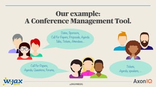 @DGOMEZG
Our example:
A Conference Management Tool.
Dates, Sponsors,
Call For Papers, Proposals, Agenda
T
alks, Tickets, Attendees…
Call For Papers,
Agenda, Questions, Forums,
Tickets,
Agenda, speakers, …
 
