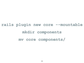 rails plugin new core --mountable
mkdir components
mv core components/
32
 