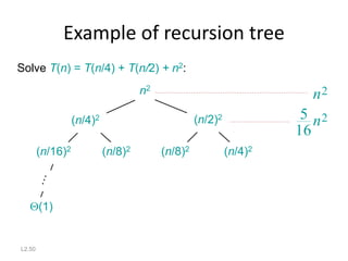 L2.50
Example of recursion tree
Solve T(n) = T(n/4) + T(n/2) + n2:
(n/16)2 (n/8)2 (n/8)2 (n/4)2
(n/4)2 (n/2)2
Q(1)
2
16
5 n
2
n
n2
 