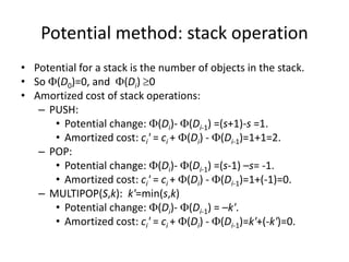 Potential method: stack operation
• Potential for a stack is the number of objects in the stack.
• So (D0)=0, and (Di) 0
• Amortized cost of stack operations:
– PUSH:
• Potential change: (Di)- (Di-1) =(s+1)-s =1.
• Amortized cost: ci' = ci + (Di) - (Di-1)=1+1=2.
– POP:
• Potential change: (Di)- (Di-1) =(s-1) –s= -1.
• Amortized cost: ci' = ci + (Di) - (Di-1)=1+(-1)=0.
– MULTIPOP(S,k): k'=min(s,k)
• Potential change: (Di)- (Di-1) = –k'.
• Amortized cost: ci' = ci + (Di) - (Di-1)=k'+(-k')=0.
 