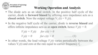 Working Operation and Analysis
• The diode acts as an ideal switch. In the positive half cycle of the
carrier, diode is forward biased by offering zero impedance acts as a
closed switch. Now the output voltage V2 (t) = V1(t).
• In the negative half cycle of the carrier, diode is reverse biased and
offers infinite impedance acts as an open switch, hence V2(t) = 0.
V2(t) = V1(t) for c(t) > 0
V2(t) = 0 for c(t) < 0 …….. (1)
• In other words, the load voltage V2(t) varies periodically between the
values V1(t) and zero at the rate equal to carrier frequency fc .
 