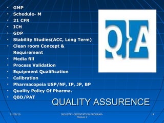 INDUSTRY ORIENTATION PROGRAM-INDUSTRY ORIENTATION PROGRAM-
Module 2Module 2
1414
QUALITY ASSURENCEQUALITY ASSURENCE
• GMP
• Schedule- M
• 21 CFR
• ICH
• GDP
• Stability Studies(ACC, Long Term)
• Clean room Concept &
Requirement
• Media fill
• Process Validation
• Equipment Qualification
• Calibration
• Pharmacopeia USP/NF, IP, JP, BP
• Quality Policy Of Pharma.
• QBD/PAT
11/08/1611/08/16
 