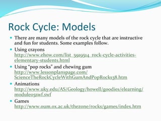 Rock	
  Cycle:	
  Models	
  
—  There	
  are	
  many	
  models	
  of	
  the	
  rock	
  cycle	
  that	
  are	
  instructive	
  
and	
  fun	
  for	
  students.	
  Some	
  examples	
  follow.	
  	
  
—  Using	
  crayons	
  
http://www.ehow.com/list_5919514_rock-­‐cycle-­‐activities-­‐
elementary-­‐students.html	
  	
  
—  Using	
  “pop	
  rocks”	
  and	
  chewing	
  gum	
  
http://www.lessonplanspage.com/
ScienceTheRockCycleWithGumAndPopRocks38.htm	
  
—  Animations	
  
http://www.uky.edu/AS/Geology/howell/goodies/elearning/
module05swf.swf	
  
—  Games	
  
http://www.oum.ox.ac.uk/thezone/rocks/games/index.htm	
  	
  
 