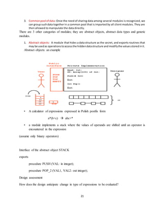 21
3. Commonpool of data: Once the need of sharing data among several modules is recognized, we
can group suchdata togetherin a common pool that is imported by all client modules. They are
then allowed to manipulate the data directly.
There are 3 other categories of modules; they are abstract objects, abstract data types and generic
modules.
1. Abstract objects: A module that hides a data structure as the secret, and exports routines that
may be usedas operationstoaccessthe hiddendatastructure and modifythe valuesstoredinit.
Abstract objects: an example
• A calculator of expressions expressed in Polish postfix form
a*(b+c)  abc+*
• a module implements a stack where the values of operands are shifted until an operator is
encountered in the expression
(assume only binary operators)
Interface of the abstract object STACK
exports
procedure PUSH (VAL: in integer);
procedure POP_2 (VAL1, VAL2: out integer);
Design assessment
How does the design anticipate change in type of expressions to be evaluated?
 