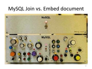 MySQL Join vs. Embed document




                                12
 
