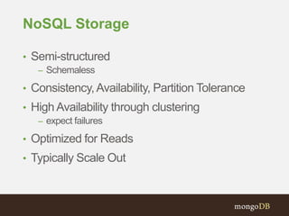 NoSQL Storage
• Semi-structured
– Schemaless
• Consistency,Availability, Partition Tolerance
• High Availability through clustering
– expect failures
• Optimized for Reads
• Typically Scale Out
 