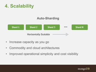 4. Scalability
Auto-Sharding
• Increase capacity as you go
• Commodity and cloud architectures
• Improved operational simplicity and cost visibility
 