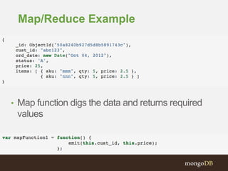 Map/Reduce Example
• Map function digs the data and returns required
values
 