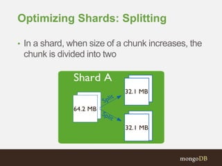 Optimizing Shards: Splitting
• In a shard, when size of a chunk increases, the
chunk is divided into two
 