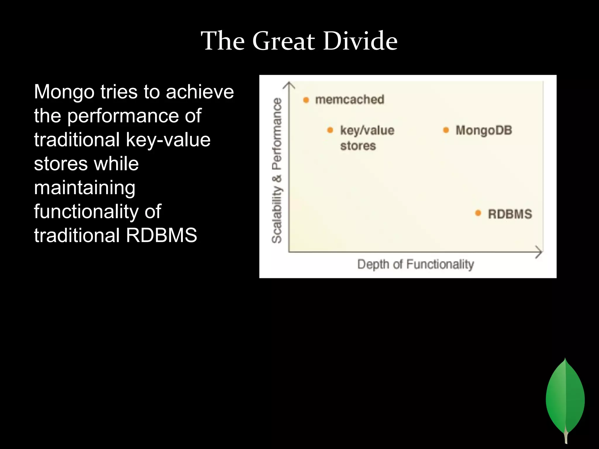 The Great Divide
Mongo tries to achieve
the performance of
traditional key-value
stores while
maintaining
functionality of
traditional RDBMS
 