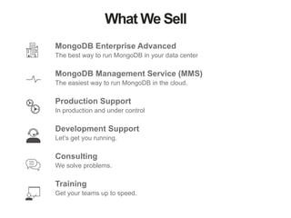 What We Sell
MongoDB Enterprise Advanced	
  
The best way to run MongoDB in your data center	
  
MongoDB Management Service (MMS)	
  
The easiest way to run MongoDB in the cloud.	
  
Production Support	
  
In production and under control	
  
Development Support	
  
Let’s get you running.	
  
Consulting	
  
We solve problems.	
  
Training	
  
Get your teams up to speed.
 