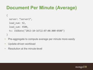 Document Per Minute (Average)
{
server: “server1”,
load_num: 92,
load_sum: 4500,
ts: ISODate("2013-10-16T22:07:00.000-0500")
}
• Pre-aggregate to compute average per minute more easily
• Update-driven workload
• Resolution at the minute-level
 