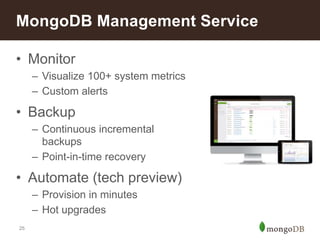 25
• Monitor
– Visualize 100+ system metrics
– Custom alerts
• Backup
– Continuous incremental
backups
– Point-in-time recovery
• Automate (tech preview)
– Provision in minutes
– Hot upgrades
MongoDB Management Service
 