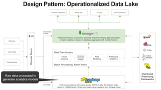 MessageQueue
Customer Data Mgmt Mobile App IoT App Live Dashboards
Raw Data
Processed
Events
Millisecond latency. Expressive querying & flexible indexing against subsets
of data. Updates-in place. In-database aggregations & transformations
Multi-minute latency with scans across TB/PB of data. No indexes. Data
stored in 128MB blocks. Write-once-read-many & append-only storage model
Sensors
User Data
Clickstreams
Logs
Churn
Analysis
Enriched
Customer
Profiles
Risk
Modeling
Predictive
Analytics
Real-Time Access
Batch Processing, Batch Views
Design Pattern: Operationalized Data Lake
Raw data processed to
generate analytics models
Distributed
Processing
Frameworks
Kafka
Streams
 