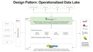 MessageQueue
Customer Data Mgmt Mobile App IoT App Live Dashboards
Raw Data
Processed
Events
Distributed
Processing
Frameworks
Millisecond latency. Expressive querying & flexible indexing against subsets
of data. Updates-in place. In-database aggregations & transformations
Multi-minute latency with scans across TB/PB of data. No indexes. Data
stored in 128MB blocks. Write-once-read-many & append-only storage model
Sensors
User Data
Clickstreams
Logs
Churn
Analysis
Enriched
Customer
Profiles
Risk
Modeling
Predictive
Analytics
Real-Time Access
Batch Processing, Batch Views
Design Pattern: Operationalized Data Lake
Kafka
Streams
 