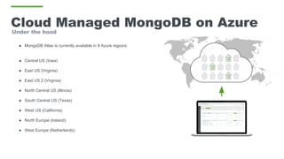 Cloud Managed MongoDB on Azure
Under the hood
● MongoDB Atlas is currently available in 8 Azure regions:
● Central US (Iowa)
● East US (Virginia)
● East US 2 (Virginia)
● North Central US (Illinois)
● South Central US (Texas)
● West US (California)
● North Europe (Ireland)
● West Europe (Netherlands)
 