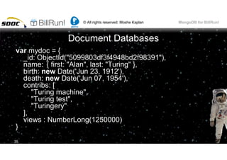 © All rights reserved: Moshe Kaplan© All rights reserved: Moshe Kaplan MongoDB for BillRun!
Document Databases
var mydoc = {
_id: ObjectId("5099803df3f4948bd2f98391"),
name: { first: "Alan", last: "Turing" },
birth: new Date('Jun 23, 1912'),
death: new Date('Jun 07, 1954'),
contribs: [
"Turing machine",
"Turing test",
"Turingery"
],
views : NumberLong(1250000)
}
35
 